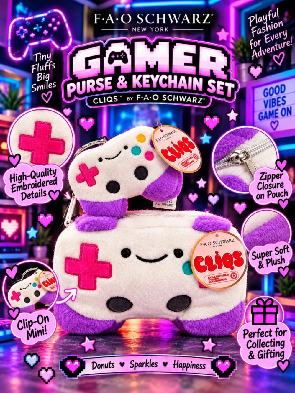 🎮💜 PLUSH GAMER PURSE + MATCHING CLIP SET | FAO SCHWARZ CLIQS